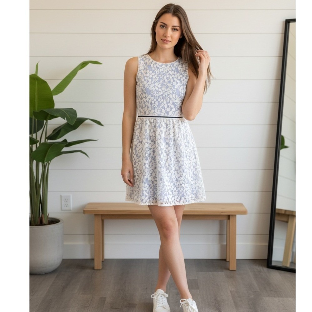Anthropologie L Sparrow Weston Blue White Floral Lace Fit‎ Flare Dress Fairy - Picture 2 of 16